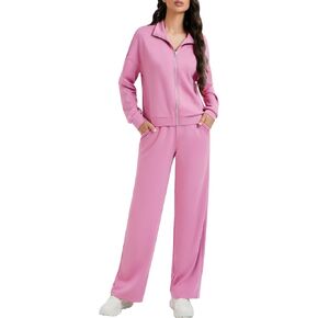 Women's 2 Piece Outfits Zip Up Sweatshirt Contrast Striped Wide Leg Sweatpants Suits Jogger Travel Matching Set