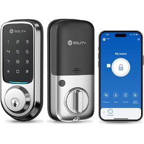Solity No-Hub Smart Digital Door Lock, Designed in Korea, Keyless Entry, Wi-Fi, Remote Control, Touchscreen Keypad, Auto Lock, IP54 Waterproof, Satin Nickel GT10K