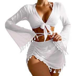 Women's 4 Piece Swimsuit Triangle Bikini Sets Bathing Suit Sexy Swimwear with Beach Cover Up Skirt