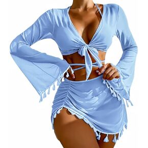 ملابس سباحة نسائية مكونة من 4 قطع بيكيني مثلث بدلة استحمام مثيرة مع تنورة لتغطية الشاطئ in Kuwait