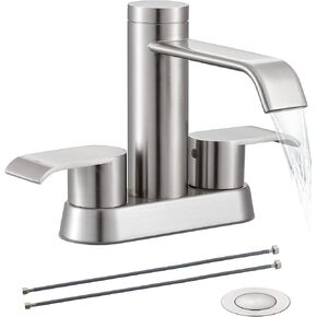 Matte Black Waterfall Bathroom Sink Faucet - HEISOK 4 Inch Bathroom Faucet with Overflow Pop Up Drain & Supply Hose, Stainless Steel 2 Handles Centerset Lavatory Vanity Bath Faucet for 2 or 3 Hole