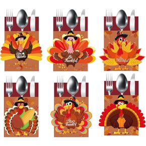 Thanksgiving Cutlery Holder Set 24PCS Thanksgiving Table Decor Set Thanksgiving Table Setting Decorations Thanksgiving Turkey Utensil Décor for Thanksgiving Autumn Fall Harvest Party Table Decoration