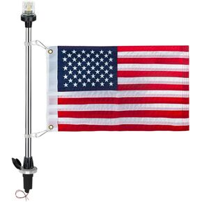Pactrade Marine Navigation Lights for Boats LED - 24-Inch White LED Stern Light/LED Anchor Light with Removable Flat-Top Base and American Flag 12x18 Inches (250 LM, 2 NM) | Boat Navigation Lights