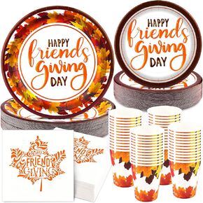 200 Friendsgiving Plates and Napkins Cups Serve 50, Happy Friendsgiving Decorations Party Supplies Thanksgiving Fall Leaves Autumn Disposable Paper Plates Luncheon Napkins Beverage Cups Dinnerware