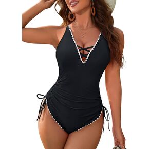 BMJL Womens Tummy Control Swimsuits Modest Slimming One Piece Bathing Suit Cute Color Block Drawstring Swim Suit