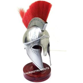 THOR INSTRUMENTS Armour Medieval Mini Greek Corinthian Helmet Red Plume Spartan Armor Free Wooden Stand Rustic Vintage Home Decor Gifts