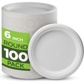 100% Compostable Paper Plates Heavy Duty -100 Pack Biodegradable Disposable Plates - 6 Inch White Disposable Dessert Plates Made of Eco-Friendly, Natural Sugarcane Bagasse, Microwavable Plates Bulk