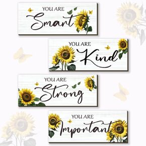 FENCORDAR 4 Pcs Sunflower Wall Decor Sunflower Bathroom Decor Inspirational Wooden Wall Art Sunflower Kitchen Decor Sunflower Gifts for Women Bedroom Bathroom Office Kitchen Gifts(Sunflower 10X4)