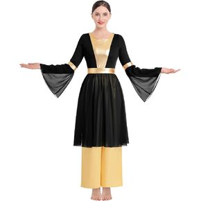 ODASDO Women Liturgical Worship Praise Dance Dress Chiffon Bell Long Sleeve Overlays Top Dress with Wide Leg Baggy Pants Set
