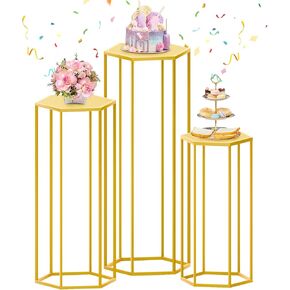 Hexagon Pedestal Stand Gold Cylinder Stands for Party 3Pcs Metal Plant Stand Tall Cake Cylinder Pedestal Stands for Wedding Geometric Display Pedestal Stand Hexagon Pedestal Tables for Party