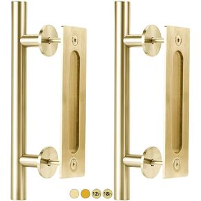 Rio Salto 12-Inch Brushed Brass Gold Barn Door Handle Kit, Closet Door Handle Solid Aluminun, Pull Handle and Flush Handle Set, Heavy Duty Large Sliding Door Handles (2-Door Pack)