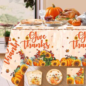 Thanksgiving Tablecloth Decorations - 82 Pcs Plastic Fall Thanksgiving Decor Dinnerware Sets Pumpkin Maple Disposable Thanksgiving Tablecloth Plates Napkins for Indoor Outdoor Fall Party