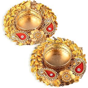 Set of 2 Flower T Light Holder Candle Stand Tealight T-Light Holders for Indian Traditional Cultural Festival Diwali Decorations Lighting Accessories Wedding Home Decor (Without Wax)(Size:-3")(Yellow)