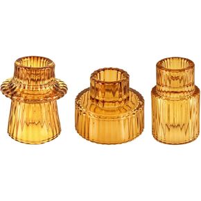 Double Sided Vintage Ribbed Taper Glass Candle Holders,Tea Candle Holder for Table Centerpieces, Wedding Decorations and Dinner Parties (Pink, 6 PCS)