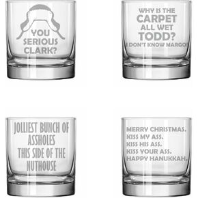 MIP Set of 4 Glass 11 oz Rocks Whiskey Old Fashioned Christmas Collection 6 Funny Vacation