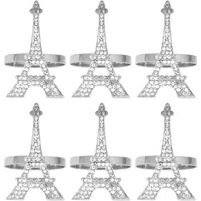 VOSAREA 6pcs Eiffel Tower Napkin Holders, Metal Rhinestone Napkin Ring Bling Crystal Napkin Holder Decorative Serviette Buckles for Wedding Table Decor Silver