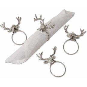 WHW Whole House Worlds 4 Piece Rustic Antler Head Napkin Ring Set, Handcrafted, Silver Finish, Iron, 2.25 Inches