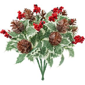 4Pcs Artificial Christmas Red Berries Picks 11in Holly Berry Stems Natural Pine Cones for Christmas Home Kitchen Outdoor Garden Thanksgiving Party Holiday Decorations Red