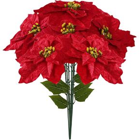 Poinsettias Artificial Christmas Flowers 9.8" Large Heads 6 Pack 16.9" Bouquet Red Faux Velvet Flower for Xmas Tree Home Christmas Decorations