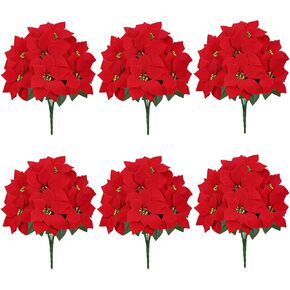6 Pack Artificial Poinsettia Bushes,17.7 Inch Red 7 Stems Velvet Poinsettia Floral, Christmas Artificial Poinsettia Flowers for Indoor Outdoor Christmas Xmas Tree Ornament Home Porch Decorations