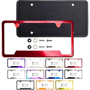 T304 Stainless Steel Bottom Cut Out Corner License Plate Frame Matte Black Powder Coated Universal Fit Aluminum Screw On Cap Cover, Silicone Back Guard, Rust Proof Weather Proof (Qty: 1 Frame)