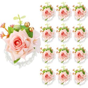 Sherr Set of 12 Red Rose Wrist Corsages for Wedding Wine Red Corsage Flower Wristlet Floral Wedding Wrist Flower Bridal Rose Leaf Hand Flowers for Bride Bridesmaid Prom Engagement Festival