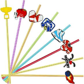 24 pcs Ice Hockey Theme Straight Reusable Straws for Ice Hockey Sports Party Favors, Daily Drink Straws, Birthday Party, Class Reunion, Sports Party Supplies with 2 Cleaning Brush. (6 colors)