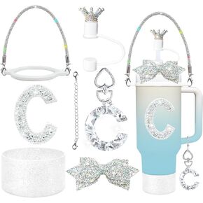 8Pcs Silvery Stanley Cup Accessories Set for Stanley Cup 30&40 Oz Tumbler - Silicone Straw Cover Cap and Boot, Handle Letter Charm, Bow Decoration Initial Sticker, Diamond Water Bottle Handle Strap(T)