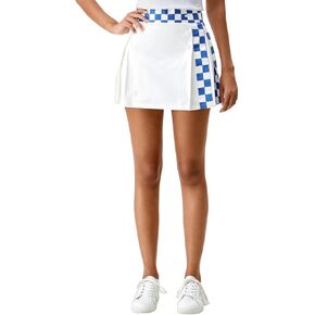 High-Waisted Checkered Print Skirt Pants | with Pearl Embellishments and Pleat Detailing | Brand Logo Embroidery | White, X-Small