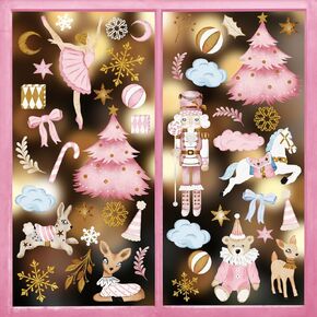 46Pcs Christmas Window Clings Xmas Tree Nutcracker Window Stickers Double-Side Pink Gold Glass Decals for Xmas Home Party, 7.9 x 11.8 Inch, 9 Sheets