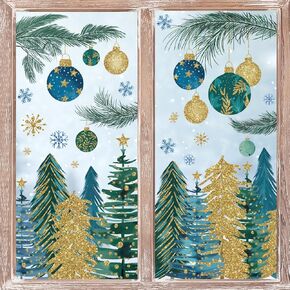 67Pcs Christmas Window Clings Blue Green Gold Xmas Tree Hanging Ball Snowflake Window Decal Winter Forest Reusable PVC Window Decor for Home Party Glass Mirror