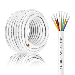 100FT/30M 18 Gauge Wire 8 Conductor Electrical Wire, 18AWG White Thermostat Wire PVC Stranded, 18/8 Low Voltage Extension Cable for LED Lighting, Automotive Wire