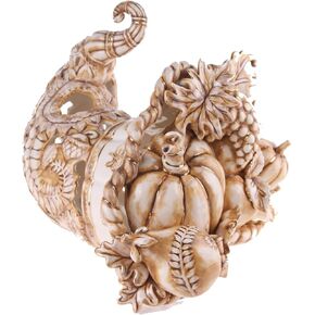 Blue Sky Ceramic Bountiful Thanksgiving Cornucopia Tealight Candle Holder, 15" x 13" x 10.5", White/Gold
