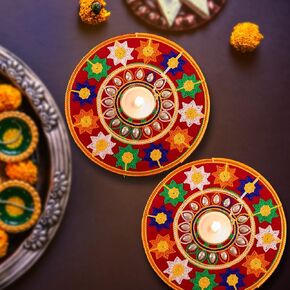 Handcrafted T Light Holder Lucky Charm Tealight Candle Stand T-Light Holder Decorative Lighting for Festival Décor Decoration and Gifting (Muticolor Embroidered Circle Size-7")