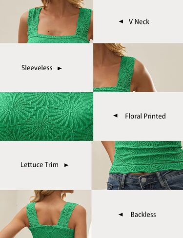 Women Square Neck Wide Strap Floral Crop Tank Top Sleeveless Lettuce Trim Solid Slim Cropped Cami Vest Tops in Saudi Arabia