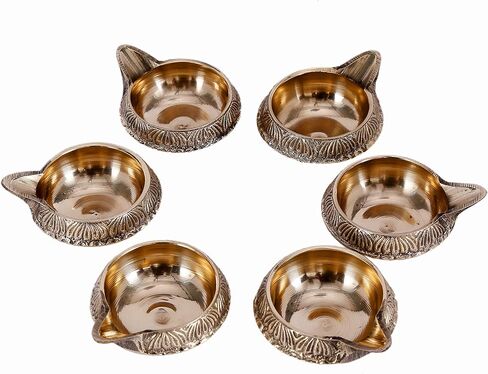 6 pc Handmade Oil Diya Prosperity Diwali Decoration with Golden Engraving Made of Virgin Brass Metal Gift Items (Golden) in Saudi Arabia
