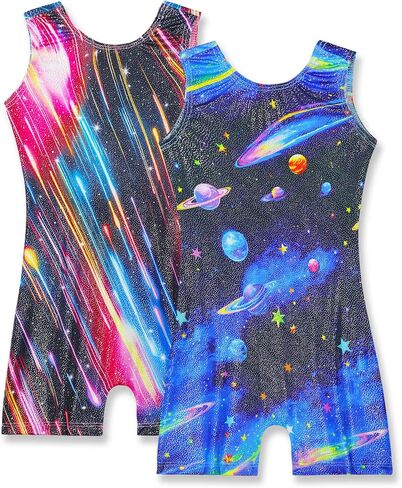 Nymphperi 2 Packs Gymnastics Leotard for Girls Sparkle Biketards with Shorts Kids Sleeveless Unitard One-Piece Dancewear in Kuwait