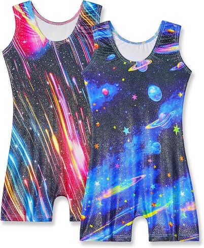 Nymphperi 2 Packs Gymnastics Leotard for Girls Sparkle Biketards with Shorts Kids Sleeveless Unitard One-Piece Dancewear in Kuwait