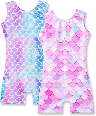 Nymphperi 2 Packs Gymnastics Leotard for Girls Sparkle Biketards with Shorts Kids Sleeveless Unitard One-Piece Dancewear in Kuwait