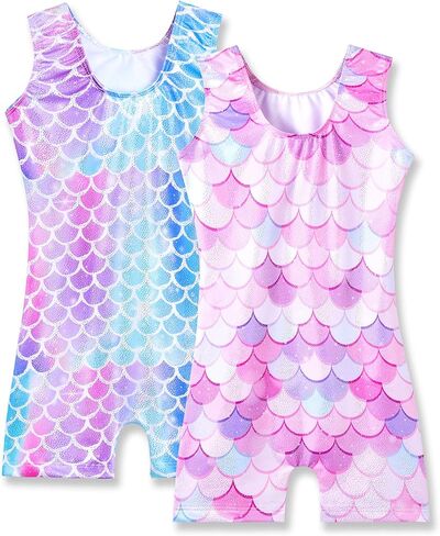 Nymphperi 2 Packs Gymnastics Leotard for Girls Sparkle Biketards with Shorts Kids Sleeveless Unitard One-Piece Dancewear in Kuwait