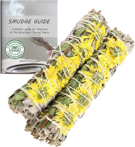 Sunflowers & Organic White Sage Smudge Sticks for Cleansing Home, Meditation, Yoga, Healing and Smudging | Sustainably Sourced California White Sage Bundles (3 Pack - 4 Inch) in Kuwait