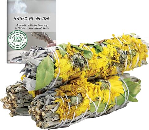 Sunflowers & Organic White Sage Smudge Sticks for Cleansing Home, Meditation, Yoga, Healing and Smudging | Sustainably Sourced California White Sage Bundles (3 Pack - 4 Inch) in Kuwait