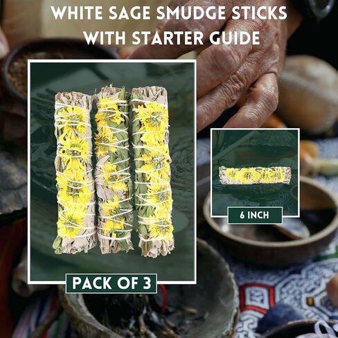 Sunflowers & Organic White Sage Smudge Sticks for Cleansing Home, Meditation, Yoga, Healing and Smudging | Sustainably Sourced California White Sage Bundles (3 Pack - 4 Inch) in Kuwait