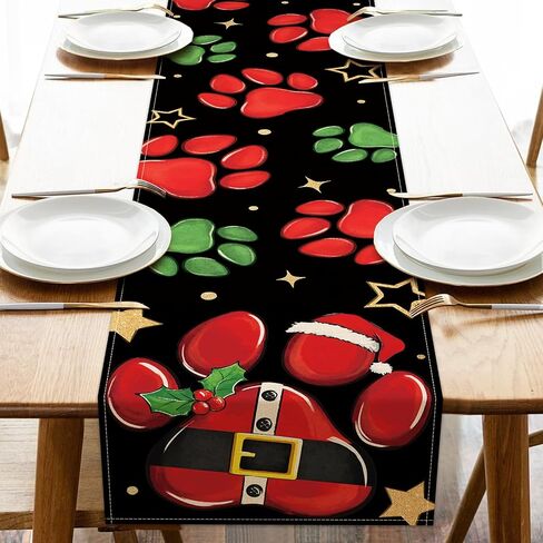 Christmas Dog Cat Paw Prints Table Runner, Xmas Kitchen Dining Table Decoration Pet Lover Gifts, Funny Holiday Winter Burlap Indoor Outdoor Home Decor Party Supply 13 x 72 Inches in Saudi Arabia