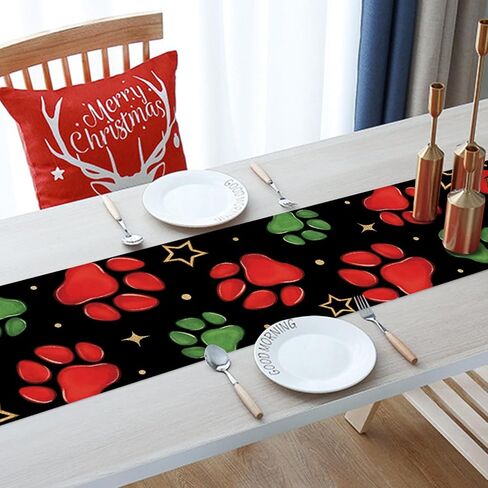 Christmas Dog Cat Paw Prints Table Runner, Xmas Kitchen Dining Table Decoration Pet Lover Gifts, Funny Holiday Winter Burlap Indoor Outdoor Home Decor Party Supply 13 x 72 Inches in Saudi Arabia