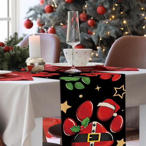 Christmas Dog Cat Paw Prints Table Runner, Xmas Kitchen Dining Table Decoration Pet Lover Gifts, Funny Holiday Winter Burlap Indoor Outdoor Home Decor Party Supply 13 x 72 Inches in Saudi Arabia