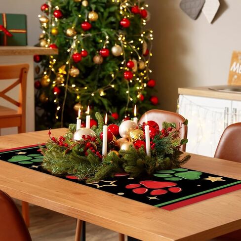 Christmas Dog Cat Paw Prints Table Runner, Xmas Kitchen Dining Table Decoration Pet Lover Gifts, Funny Holiday Winter Burlap Indoor Outdoor Home Decor Party Supply 13 x 72 Inches in Saudi Arabia