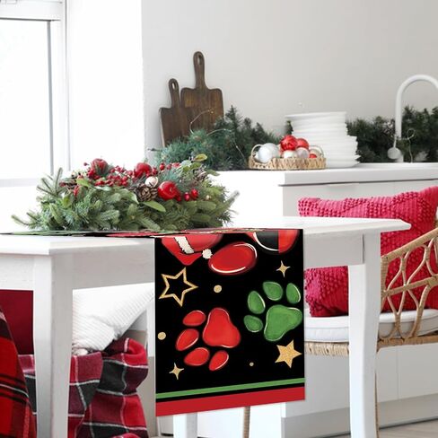 Christmas Dog Cat Paw Prints Table Runner, Xmas Kitchen Dining Table Decoration Pet Lover Gifts, Funny Holiday Winter Burlap Indoor Outdoor Home Decor Party Supply 13 x 72 Inches in Saudi Arabia