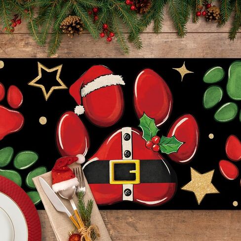 Christmas Dog Cat Paw Prints Table Runner, Xmas Kitchen Dining Table Decoration Pet Lover Gifts, Funny Holiday Winter Burlap Indoor Outdoor Home Decor Party Supply 13 x 72 Inches in Saudi Arabia