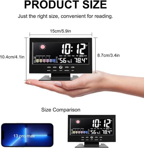ساعة منبه رقمية LCD للطقس بجانب السرير مع كابل USB، خاصية الغفوة للتحكم في الصوت، وظيفة الإضاءة الخلفية، درجة الحرارة والرطوبة، تاريخ 12/24 ساعة، عرض واضح لغرفة النوم ومنضدة كبار السن in Saudi Arabia